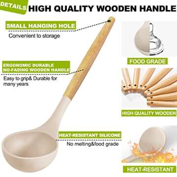 Umite Chef 36pcs Silicone Kitchen Cooking Utensils with Holder, Heat Resistant Cooking Utensils Sets Wooden Handle, Khaki Nonstick Kitchen Gadgets Tools Include Spatula Spoons Turner Pizza Cutter