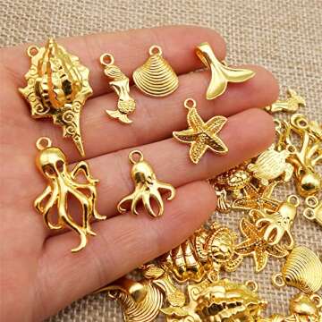 Julie Wang 100grams Gold Sea Ocean Beach Charms Pendants for Summer Jewelry Necklace Earrings Bracelet Making Craft Starfish Shells Mermaid Tail Fish 80-100pcs