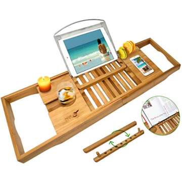 Nature Gear Bamboo Bathtub Tray, Waterproof & Durable Wooden Bath Tray Table for Tub, Extendable Reading Caddy with Phone & Tablet Holder, Easy-to-Adjust Bamboo Trays for Bathroom, Premium Bamboo