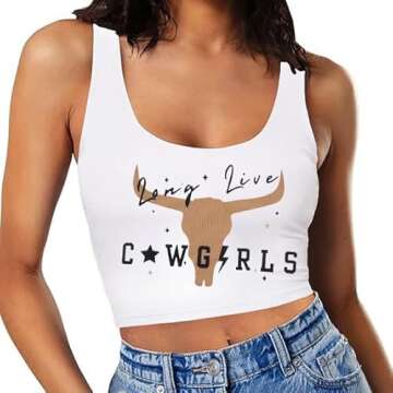 Long Live Cowgirl Tank Top Woman Country Music Crop Top Western Cowboy Shirt Cow Graphic Cami Sleeveless Tops White