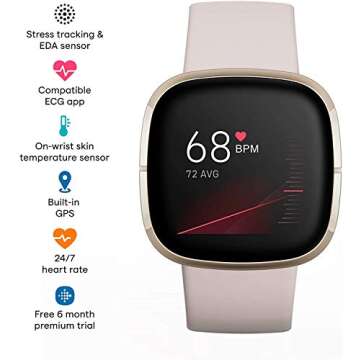 Fitbit Sense Health & Fitness Smartwatch W/GPS, Bluetooth Call/Text, Heart Rate SpO2, ECG, Skin Temperature & Stress Sensing (S & L Bands, 90 Day Premium Included) International Version (White/Gold)