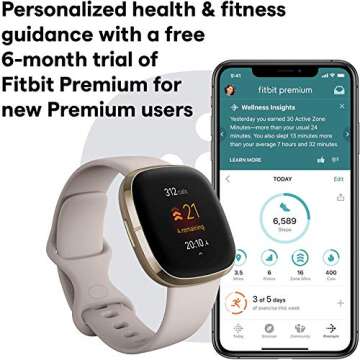 Fitbit Sense Health & Fitness Smartwatch W/GPS, Bluetooth Call/Text, Heart Rate SpO2, ECG, Skin Temperature & Stress Sensing (S & L Bands, 90 Day Premium Included) International Version (White/Gold)