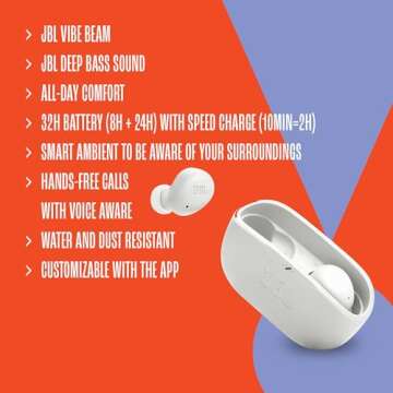 JBL Vibe Buds - True Wireless Earbuds, Smart Ambient, VoiceAware, Up to 32 total hours of battery life with speed charging, Water and dust resistant, JBL Deep Bass Sound (White)