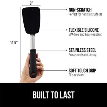 Gorilla Grip Nonstick Heat Resistant BPA-Free Silicone Spatula, Non Scratch Flexible Head for Pans, Slip Resistant Soft Rubber Handle, Stainless Steel Kitchen Spatulas for Cooking, 11.6 Inch, Black