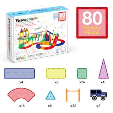 PicassoTiles 80 Piece Race Car Track Building Block Educational Toy Set Magnetic Tiles Magnet DIY Playset 2 Light Up Car STEM Learning Construction Kit Hand-Eye Coordination Fine Motor Skill Training