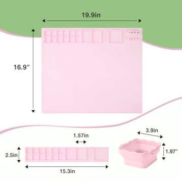 Aubeco Silicone Craft Mat with Built in Cleaning Cup and Paint Holder, Art Silicone Mat Large, 19.9"x16.9" Clay Mat, Nonslip Room Silicone mat for Painting, Table, Resin and Play, Pink