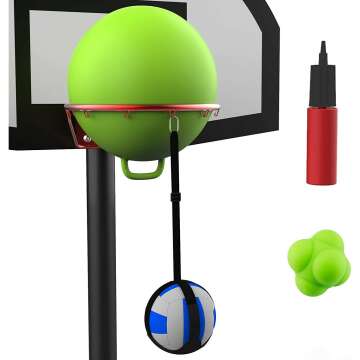 Volleyball Spike Trainer Basketball Hoop - Great Home Training Equipment for Improving Spiking, Jumping and Arm Swing Mechanics - Adjustable Length Ball Holder, Ball Rim Cover, Air Pump, Reaction Ball