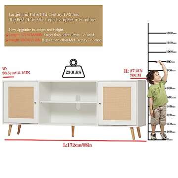 Vinctik 6&Fox 68IN Rattan TV Stand for 75/65 Inch TV, White TV Stand,Mid Century Entertainment Center with Natural Rattan Door, Large Boho Media TV Console, Television Stand for Living Room(White)