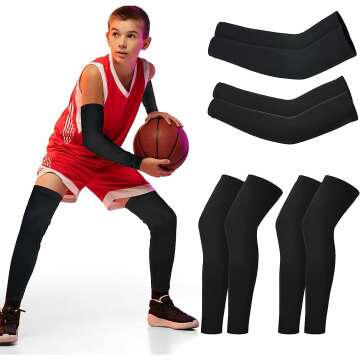 Geyoga 4 Pairs Kids Leg Sleeves Compression and Arm Sleeves Youth Leg Sleeves Arm Wraps for Cycling Basketball Sports