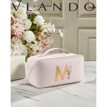 Vlando Personalized Gifts for Women,Initial Makeup Bag,Travel Makeup Bag for Women, Birthday Gifts Bridesmaid Gifts Bride Wedding Gifts Graduation Gifts Valentine's Day Gift(Letter M)