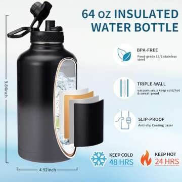 64OZ Insulated Sports Water Bottle - Large Half Gallon Stainless Steel Flask Water Bottles 64 oz, Leak Proof, Double Walled, BPA Free, Sweat-Proof Water Jug with Straw, Keep Cold-48H & Hot-24H