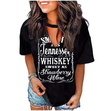 Smooth as Tennessee Whiskey Sweet as Strawberry Wine Shirt Women Country Music Tee Letter Print Drinking T-Shirt (As Show 7, XL)