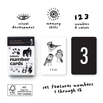 Wee Gallery Nature Number Cards, Educational Number Flashcards for Kids, Baby, Toddler, Black and White Animals and Numbers, Counting and Learning Cards for Visual Stimulation, Cognitive Development