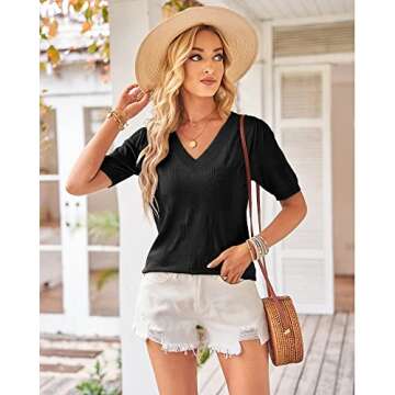 Arach&Cloz Womens Fall Summer Tops 2024 Trendy Fashion Short Sleeve Plus Size Sweaters V Neck Knit Clothes Western Vacation Resort Wear Dressy Cute St Patricks Casual Outfits Business Blouse Black