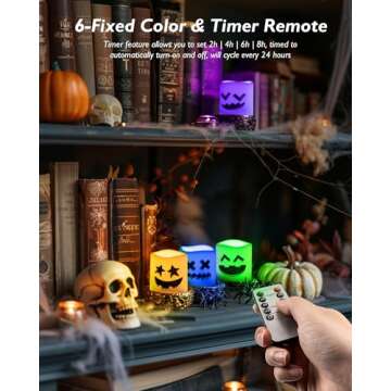 Homemory 12Pack Remote Control Halloween Candles, 400+Hour Flameless Candles, 2/4/6/8H Timer Led Votive Candles, 6 Color Battery Operated Tea Lights for Holidays, Pumpkins, Christmas, Party Decor