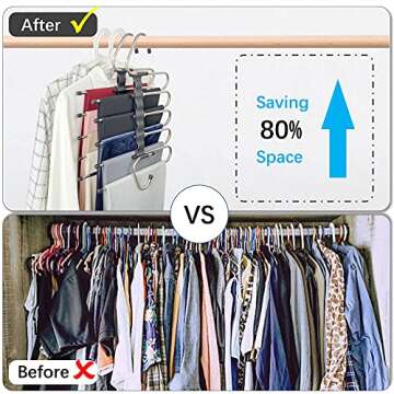 Magic Pants Hangers Space Saving - 2 Pack for Closet Multiple Layers Multifunctional Uses Rack Organizer for Trousers Scarves Slack (2 Pack with 10 Metal Clips)