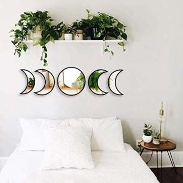 Keweis 5 Pieces Scandinavian Natural Decor Acrylic Wall Decorative Interior Design Wooden Moon Phase Mirror Bohemian Wall Decoration for Home Living Room Bedroom - Not Real Mirror(Black)