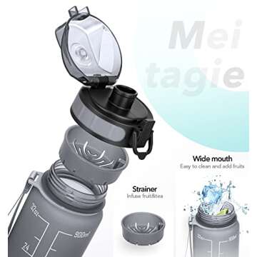 MEITAGIE Reusable Water Bottle, 1 Litre Water Bottle, BPA-Free Tritan Plastic Sports Bottle, with Filter and Time Marker, for Children and Adults, Home and Outdoor, Grey