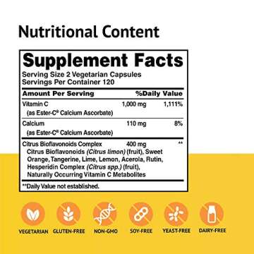 American Health Ester-C with Citrus Bioflavonoids Vegetarian Capsules- 24-Hour Immune Support, Gentle On Stomach, Non-Acidic Vitamin C - Non-GMO, Gluten-Free, Vegan - 500 mg, 240 Count, 120 Servings