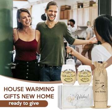 House Warming Gifts New Home, Housewarming Gift Stemless Wine Glass & Bottle Gift Bag Set for Newlywed Couple, Women, Friends, New Homeowner, Unique New Home Gift for Home, Realtor Gift for Clients