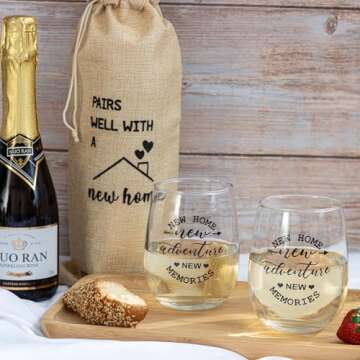 House Warming Gifts New Home, Housewarming Gift Stemless Wine Glass & Bottle Gift Bag Set for Newlywed Couple, Women, Friends, New Homeowner, Unique New Home Gift for Home, Realtor Gift for Clients