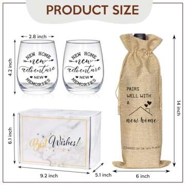 House Warming Gifts New Home, Housewarming Gift Stemless Wine Glass & Bottle Gift Bag Set for Newlywed Couple, Women, Friends, New Homeowner, Unique New Home Gift for Home, Realtor Gift for Clients