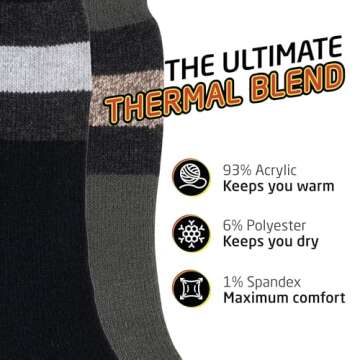 HOT FEET Thermal Socks for Men, Extreme Cold Weather, 2/4 Pack Thick Warm Socks for Men, Winter Insulated Socks, Size 6-12.5, 2 Pack, Black/Green