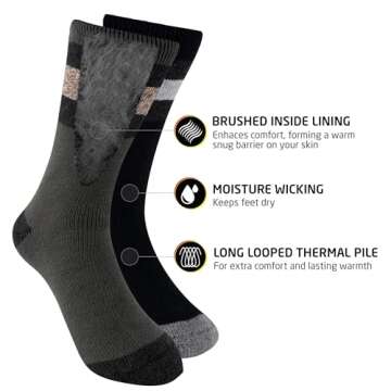 HOT FEET Thermal Socks for Men, Extreme Cold Weather, 2/4 Pack Thick Warm Socks for Men, Winter Insulated Socks, Size 6-12.5, 2 Pack, Black/Green