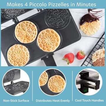 Piccolo Pizzelle Baker- Nonstick Electric Press Makes 4 Mini Cookies at Once- Recipe Guide Included - Fun Baking Supplies for Party, Italian Waffle Dessert Treat Making - Housewarming Gift for Her