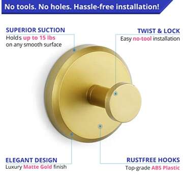 HOME SO Suction Cup Hooks for Shower, Bathroom, Kitchen, Glass Door, Mirror, Tile – Loofah, Towel, Coat, Bath Robe Hook Holder for Hanging up to 15 lbs – Waterproof, Matte Brushed Satin Gold (2-Pack)