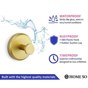 HOME SO Suction Cup Hooks for Shower, Bathroom, Kitchen, Glass Door, Mirror, Tile – Loofah, Towel, Coat, Bath Robe Hook Holder for Hanging up to 15 lbs – Waterproof, Matte Brushed Satin Gold (2-Pack)