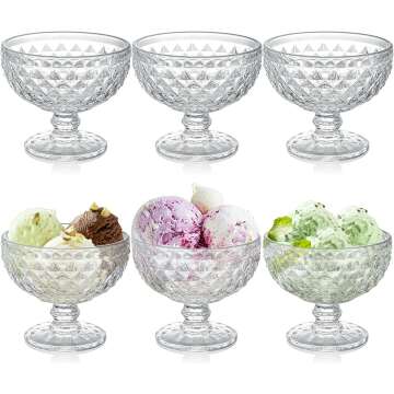 ZOOFOX Set of 6 Glass Dessert Bowls, 12 Oz Glass Ice Cream Sundae Cups with Vintage Diamond Pattern, Footed Dessert Bowl Set for Sundae, Ice Cream, Smoothie, Fruit, Salad, Yogurt, Trifle