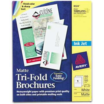 Avery 8324 Tri-Fold Brochures for Inkjet Printers, 8 1/2 x 11, White, 100 Sheets/Box