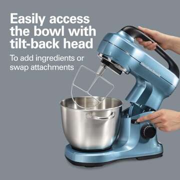 Hamilton Beach Electric Stand Mixer, 4 Quarts, Dough Hook, Flat Beater Attachments, Splash Guard 7 Speeds with Whisk, Blue