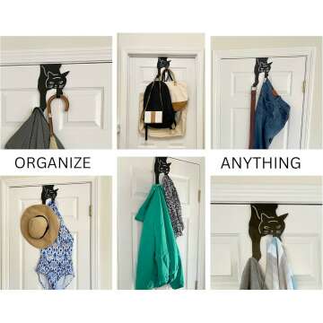 Evelots Cat Over The Door Hooks for Hanging - Black - Over The Door Organizer - Strong Metal Hooks