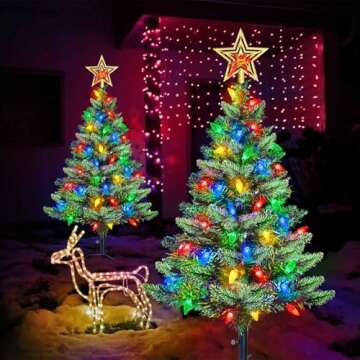 Upgraded Set of 2 Solar Christmas Tree, Outdoor Christmas Decorations,Prelit Xmas Tree w/ 100 LED Multi-color C6 String Lights for Outsdie Holiday Display Yard Front Porch Pathway Grave Cemetery Decor