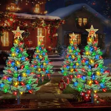 Upgraded Set of 2 Solar Christmas Tree, Outdoor Christmas Decorations,Prelit Xmas Tree w/ 100 LED Multi-color C6 String Lights for Outsdie Holiday Display Yard Front Porch Pathway Grave Cemetery Decor