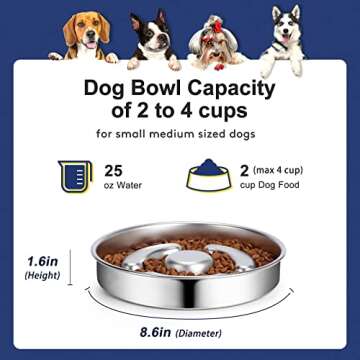 AIPERRO Slow Feeder Dog Bowl Stainless Steel, 2 Cups Metal Non-Slip Dog Food Bowls, Dog Water Bowl for Small & Medium Sized Dogs, Fun Bloat Stop Pet Bowl for Fast Eaters, Slows Down Pets Eating