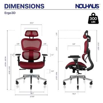 Nouhaus Ergo3D Ergonomic Office Chair Lumbar Support Mesh Office Chair with 4D Adjustable Armrest, Adjustable Headrest and Wheels, Mesh High Back Home Office Desk Chairs(Burgundy)