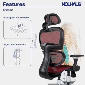 Nouhaus Ergo3D Ergonomic Office Chair Lumbar Support Mesh Office Chair with 4D Adjustable Armrest, Adjustable Headrest and Wheels, Mesh High Back Home Office Desk Chairs(Burgundy)