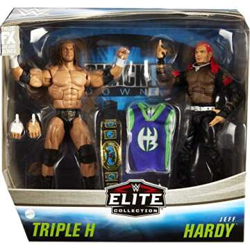 WWE Triple H vs Jeff Hardy Elite Collection 2-Pack 6-in Action Figure with Intercontinental Championship, Entrance Gear & Swappable Hands, Posable Collectible Gift for WWE Fans Ages 8 Years Old & Up