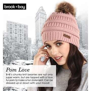 Brook + Bay - Beanie Hats for Women, Pom Pom Hat Soft Chunky Knit Beanie for Cold Weather, Stocking Cap for Women Winter Hats Pink