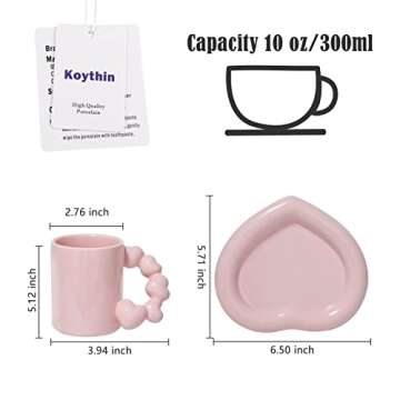 Koythin Ceramic Coffee Mug with Saucer Set, Cute Creative Electroplated Cup with Gourd Handle Love Heart Shape Design for Office and Home, 10 oz/300 ml for Latte Tea Milk (Peach Pink)