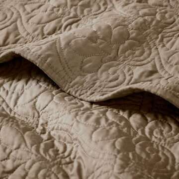 Madison Park Madison Park Luxe Quilted Throw Blanket - Damask Stitching Design, Cotton Filled Spread, Ultra Soft, Cozy Bedding for Living Room Couch, Sofa, Bed, 60x70", Piping Borders Khaki