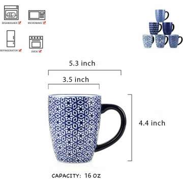 Selamica 16 oz Porcelain Coffee Mugs Set, Ceramic Tea Cup with Handle, dishwasher, oven, microwave safe, Pack of 6, Vintage Blue