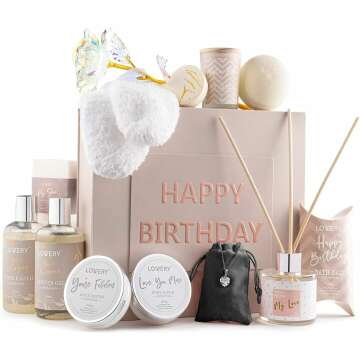 Birthday Gift Basket - Bath and Spa Gift Set for Women - Luxury Birthday Spa Gift Box with Vit E- Rich Bath Essentials, Diffuser, Candle, Sterling Silver CZ Heart Necklace, 24k Flower Rose Gift & More