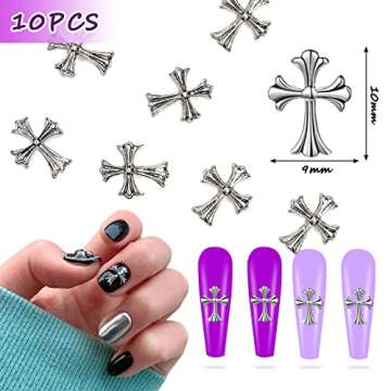 Eastern Trade 10Pcs 3D Silver Metal Cross Nail Charms, Punk Nail Art Charms Vintage, Nail Art Decoration for DIY Acrylic Nail Art Decoration and Jewelry Making, DIY Craft Accessories (Retro Silver)