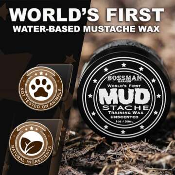 Bossman MUDstache Unscented Mustache Wax – No Pull - Spreads Easy for a Strong Non-Tacky 24 hr Hold - Tame, Train and Style - Moustache Wax for Men (1oz)