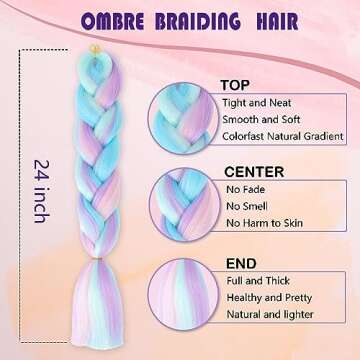 Ombre 4 Colors Mix Braiding Hair 3pcs Extensions Jumbo Hair Rainbow Color Colorful Twist Braid wigs Dreadlocks ( Pink /Purple/Green/Blue/ Light Cyan) (Lot 24Inch)