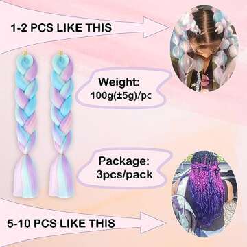 Ombre 4 Colors Mix Braiding Hair 3pcs Extensions Jumbo Hair Rainbow Color Colorful Twist Braid wigs Dreadlocks ( Pink /Purple/Green/Blue/ Light Cyan) (Lot 24Inch)